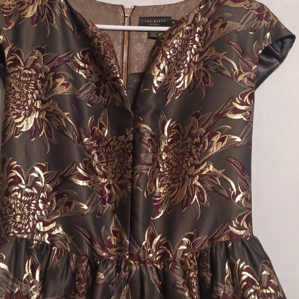 Ted Baker Elegant Gold and Black Floral Dress Size 3 - Picture 3 of 12